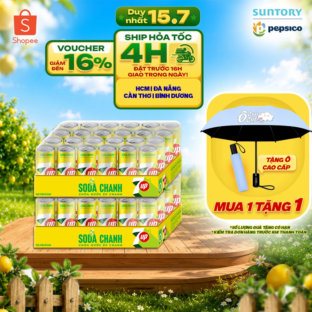[SALE 15.7] Combo 2 Thùng 24 Lon 7UP Soda Chanh Không Calo, Không Đường (320ml/lon)