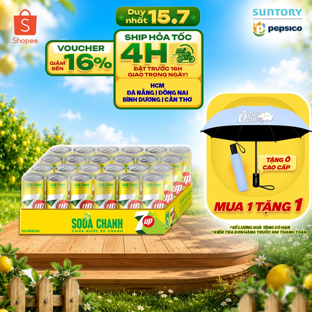 [SALE 15.7] Thùng 24 Lon Nước Uống Có Gaz 7UP Soda Chanh Không Calo, Không Đường (320ml/lon)