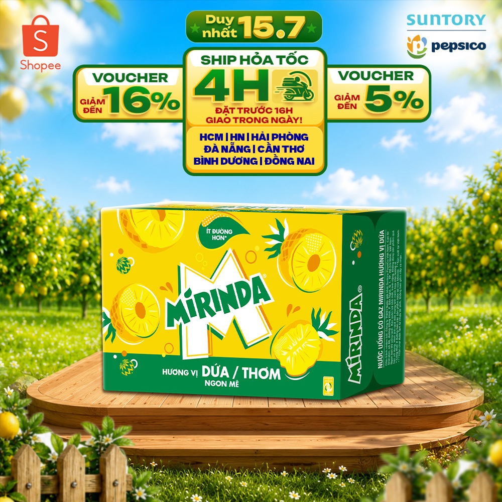 [SALE 15.7] Thùng 24 Lon Nước Ngọt Giải Khát Có Gaz Mirinda Dứa (320ml/lon)