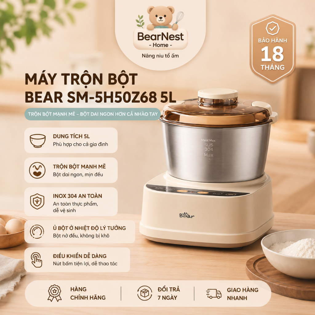Máy trộn bột Bear SM-5H50Z68 5L đánh kem nhào bột làm bánh tiện lợi gia đình