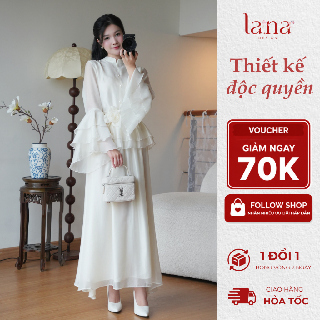 Set váy thiết kế LANA DESIGN Lam Anh màu be chất liệu tằm óng mịn có kèm dây đai hoa - SV379
