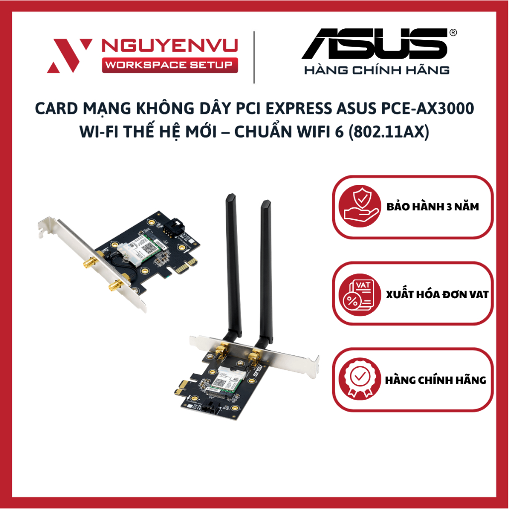 Card mạng không dây PCI Express Asus PCE-AX3000 Wi-Fi thế hệ mới – Chuẩn WiFi 6 (802.11ax) - Hàng Ch