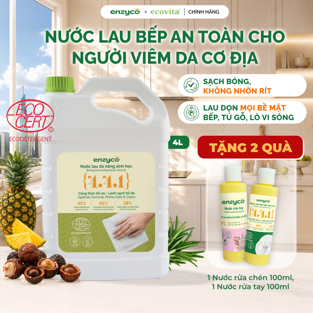 Nước Lau Đa Năng Sinh Học Enzyco Tinh Dầu Hương Thảo 4L, Làm Sạch Vết Dầu Mỡ, Đuổi Côn Trùng