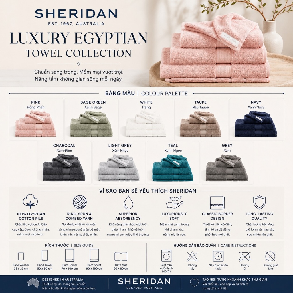 [AUTHENTIC] Sheridan Luxury Egyptian Towel - Khăn tắm sợi cotton Ai Cập Sheridan Úc chính hãng