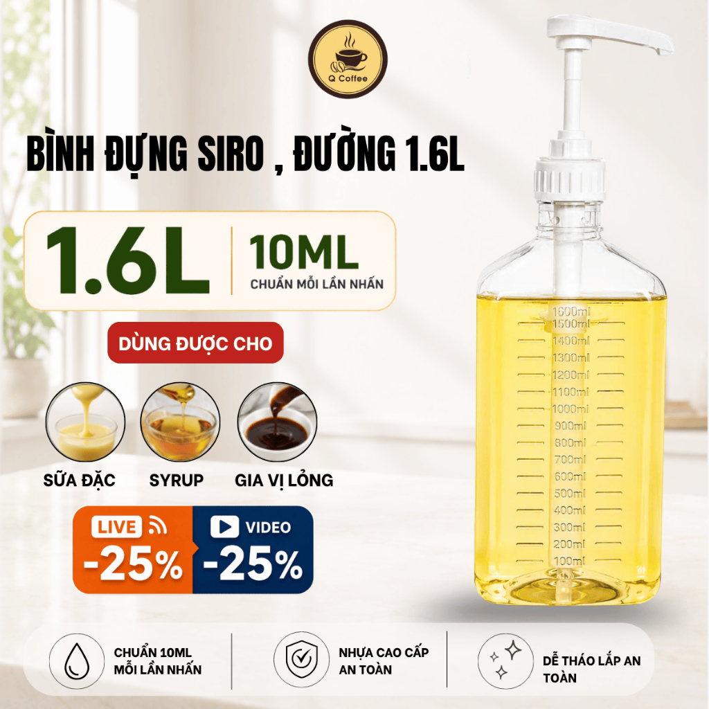 Bình Bơm Siro 1600ml Có Vòi Pump 10ml, Bình Pump Đường Dạng Lỏng, Thích Hợp Cho Các Loại Siro Không 