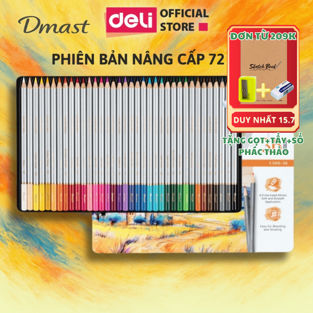 [MUA 1 TẶNG 3] Bút Màu Chì Gốc Dầu Dmast Cao Cấp Deli Chì Hộp Thiếc Màu Đậm, Blend Tốt, Ruột To 4.1m