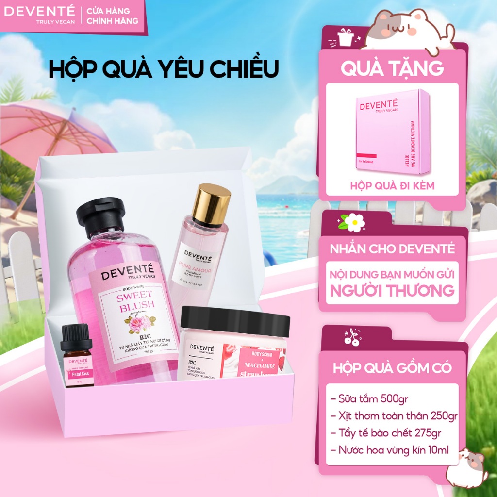 Set quà tặng 4 món Devente gồm Sữa tắm 500g + Tẩy tế bào body 275g + Bodymist 250ml + Nước hoa VK 10