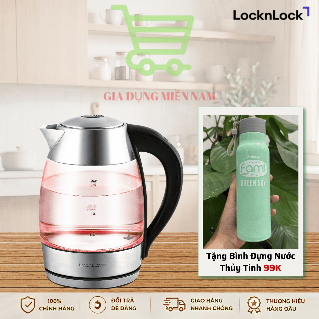 Ấm Đun Siêu Tốc Thủy Tinh Locknlock EJK341, dung tích 1.8L - Hàng Chính Hãng