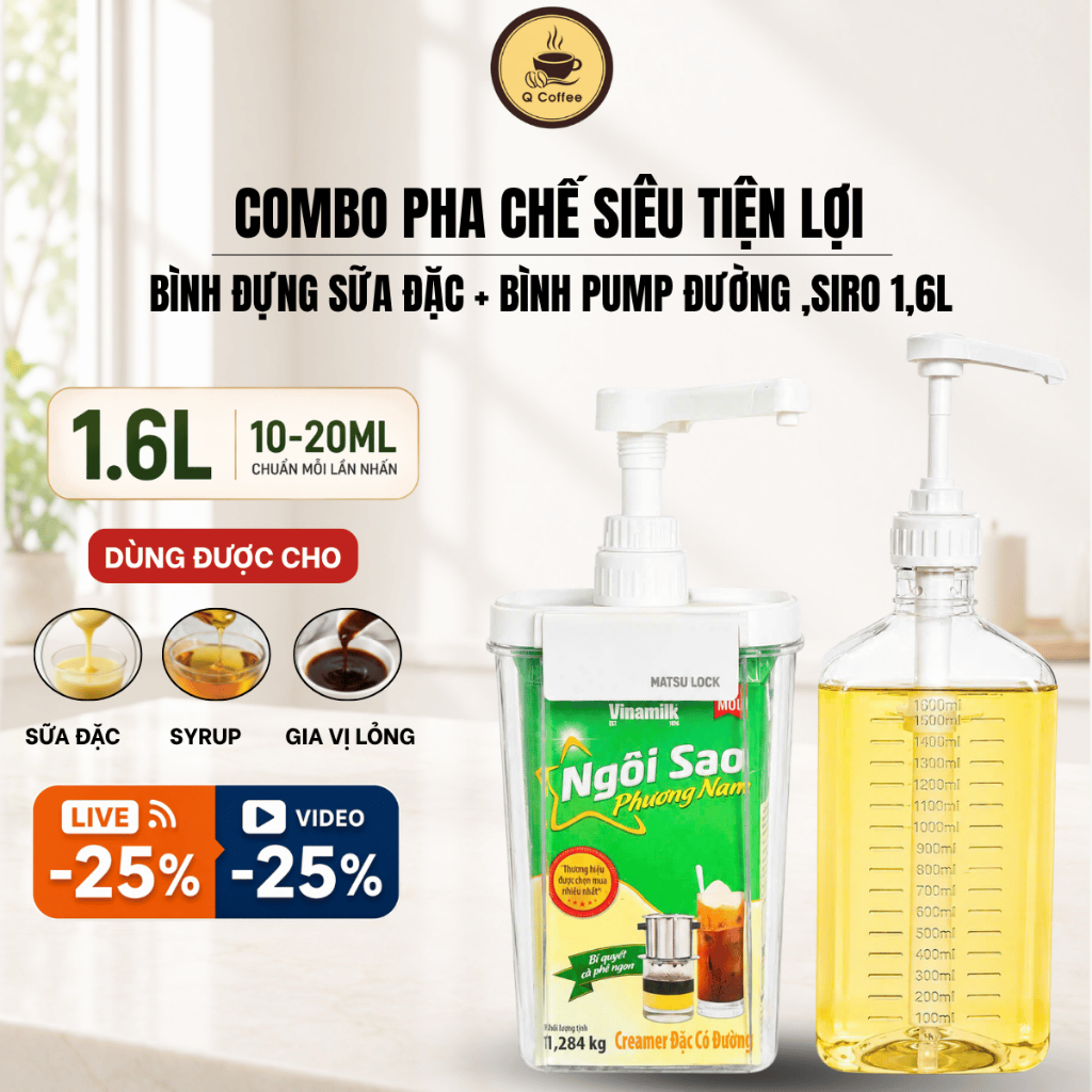 [COMBO PHA CHẾ] Bình Đựng Sữa Đặc 1.6L + Bình Pump Đường, Siro 1.6L Có Vòi Pump 10ml Tiện Lợi Trong 