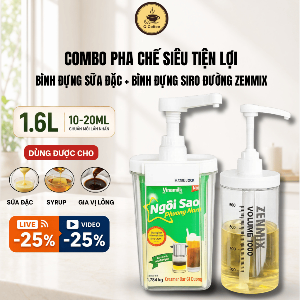 [COMBO PHA CHẾ] Bình Đựng Sữa Đặc 1.6L + Bình Pump Đường, Siro 1L Có Vòi Pump 10ml Tiện Lợi Trong Ph