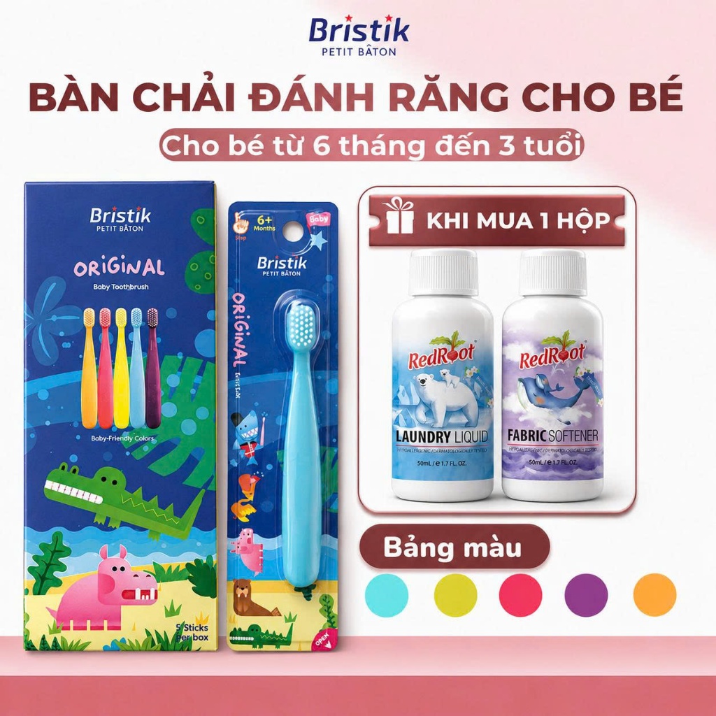 Bàn Chải Tập Đánh Răng Cho Bé Bristik Từ 6 Tháng Tuổi - Lông Mềm Kháng Khuẩn Thiết Kế Chống Lật