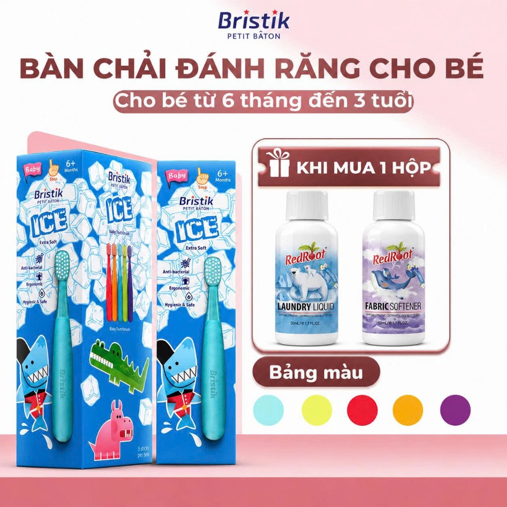 Bàn Chải Đánh Răng Cho Bé Từ 6 Tháng Bristik ICE - Lông Mềm Kháng Khuẩn Thiết Kế Dẹp Chống Lật