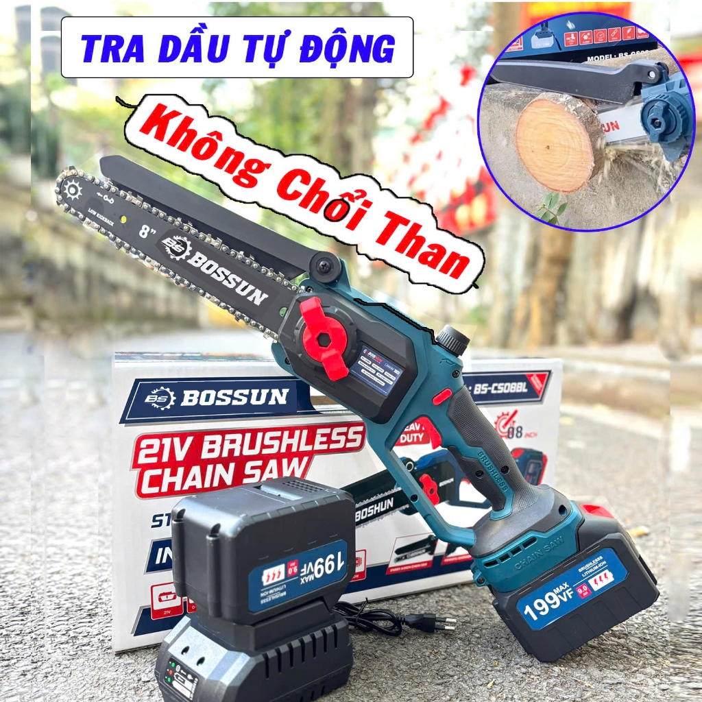 [HÀNG CHÍNH HÃNG] Máy Cưa Xích Pin BOSSUN BS-CS08BLC,Chiều Dài Lam 8inch,Tăng Xích Tự Động