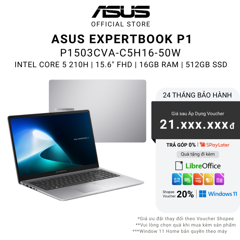 Laptop ASUS ExpertBook P1 P1503CVA-C5H16-50W Intel Core 5 210H | 16GB | 512GB | 15.6" FHD | Win 11