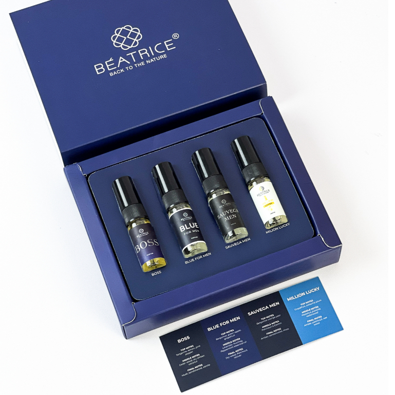 Set nước hoa nam Beatrice 4 mùi 3ml: 1 Million Lucky, Sauvega Men, Blue For Men và Boss