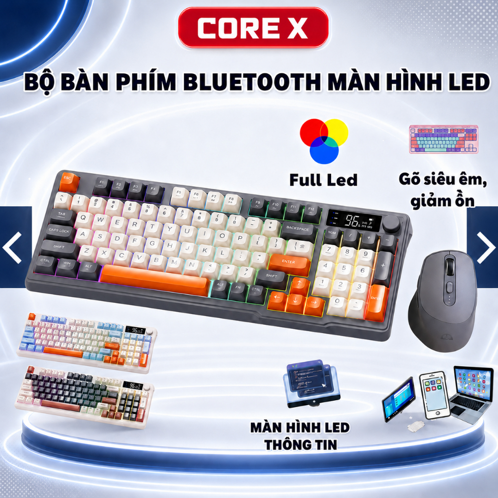 Bộ Bàn Phím Không Dây Bluetooth M96 LED 7 Màu Core X, 2 Mode, Phím PBT Cao Cấp, Gõ Êm Chống Ồn Cho W