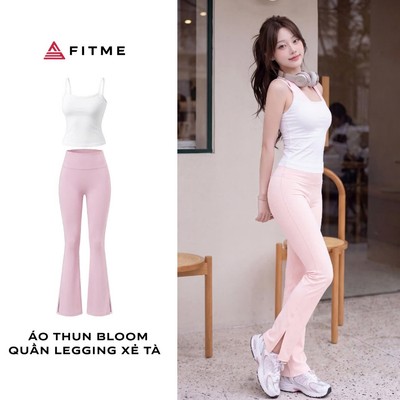 Bộ đồ tập gym, yoga nữ Fitme áo thun Trắng Bloom (không có bra bên trong), quần legging ống loe tôn dáng