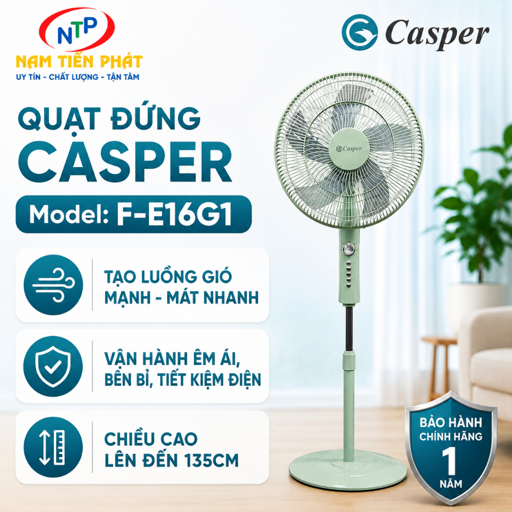 Quạt Đứng Casper F-E16G1 | 47W | Động Cơ AC Bền Bỉ, Hạn Chế Tối Đa Hao Mòn, Dễ Tháo Lắp, Sửa Chữa