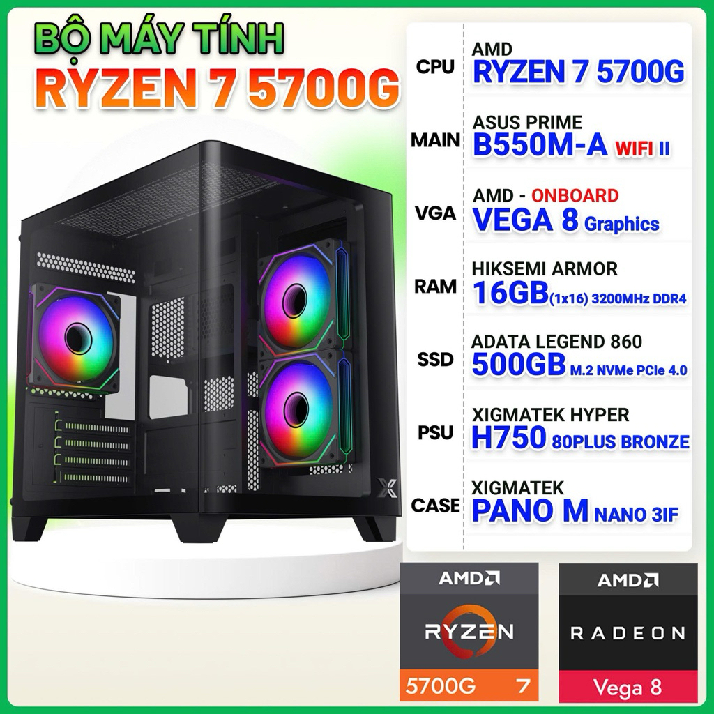 Bộ máy tính AMD giá tốt - Ryzen 7 5700G B550M 16G SSD 500G 700W-36T