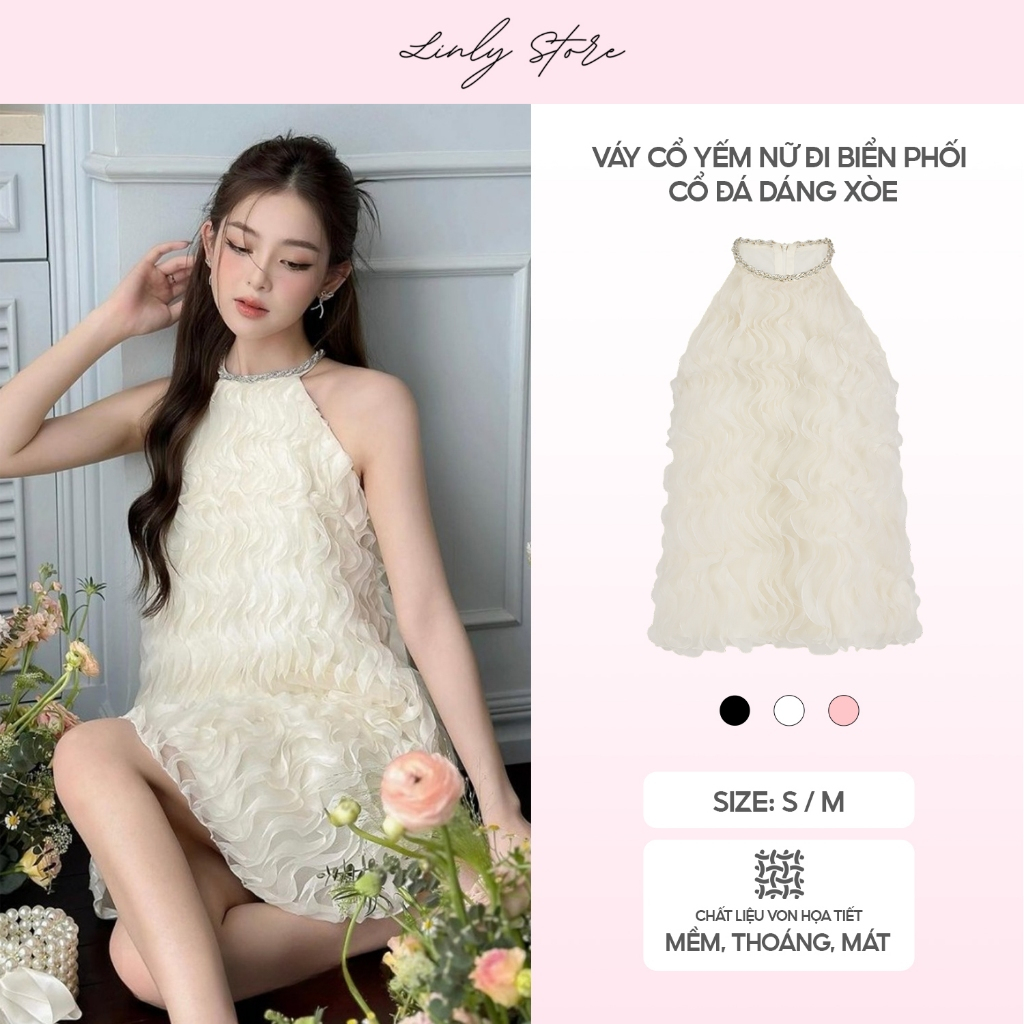 [Camel pass] LINLY STORE - Váy yếm phối cổ đá dáng xòe 2 lớp thiết kế sang chảnh