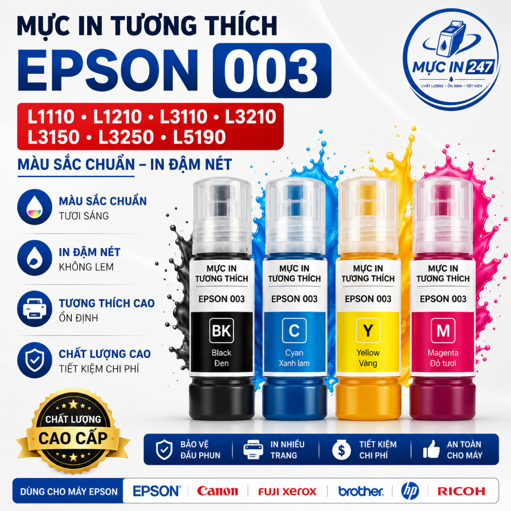Mực In tương thích Epson 003 Dùng Cho L1110 L1210 L3110 L3150 L3210 L3250 L5190 Chống Tắc Đầu Phun