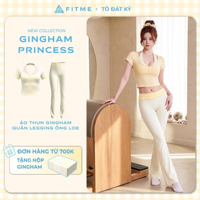 Bộ đồ tập gym, yoga, pilates nữ Fitme áo thun sẵn mút Belle SL, quần legging Vàng pastel ống loe Divine