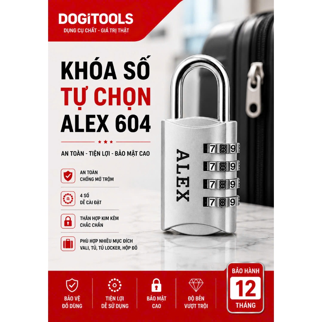 Ổ khóa số ALEX 02CR604M 4 số tự chọn, khóa tủ locker khóa vali khóa cửa không cần chìa