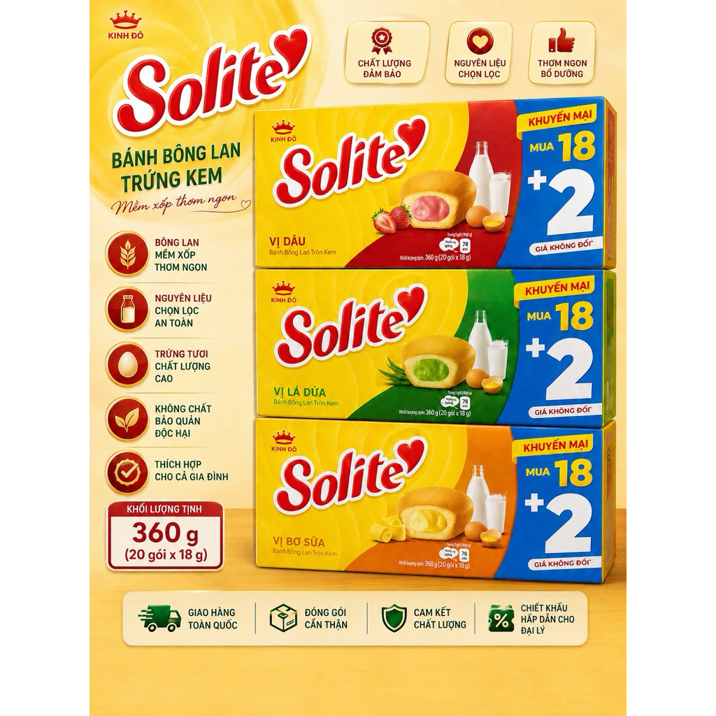 Solite tròn 360g ( vị lá dứa , dâu , sữa )