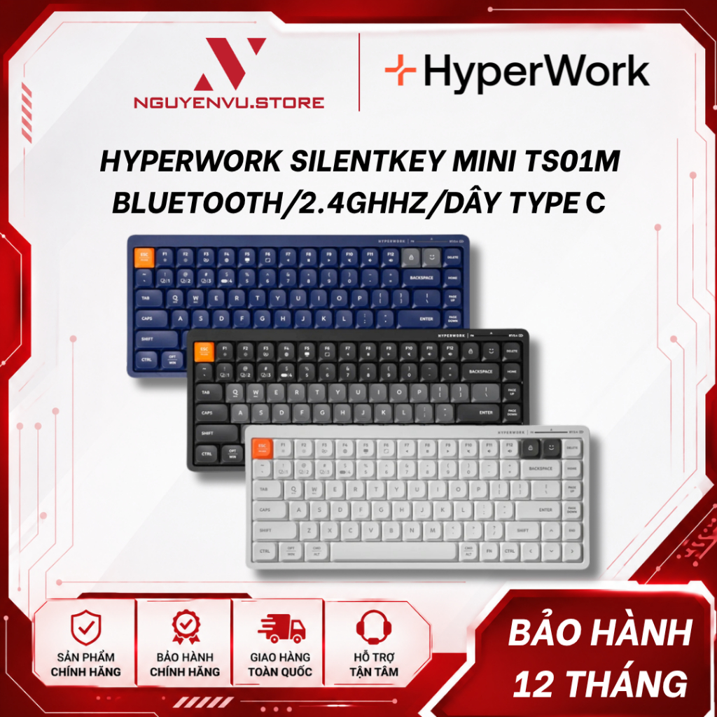 Bàn phím không dây HyperWork SilentKey Mini TS01M ( Bluetooth/2.4GHHz/Dây Type C) - Hàng Chính Hãng