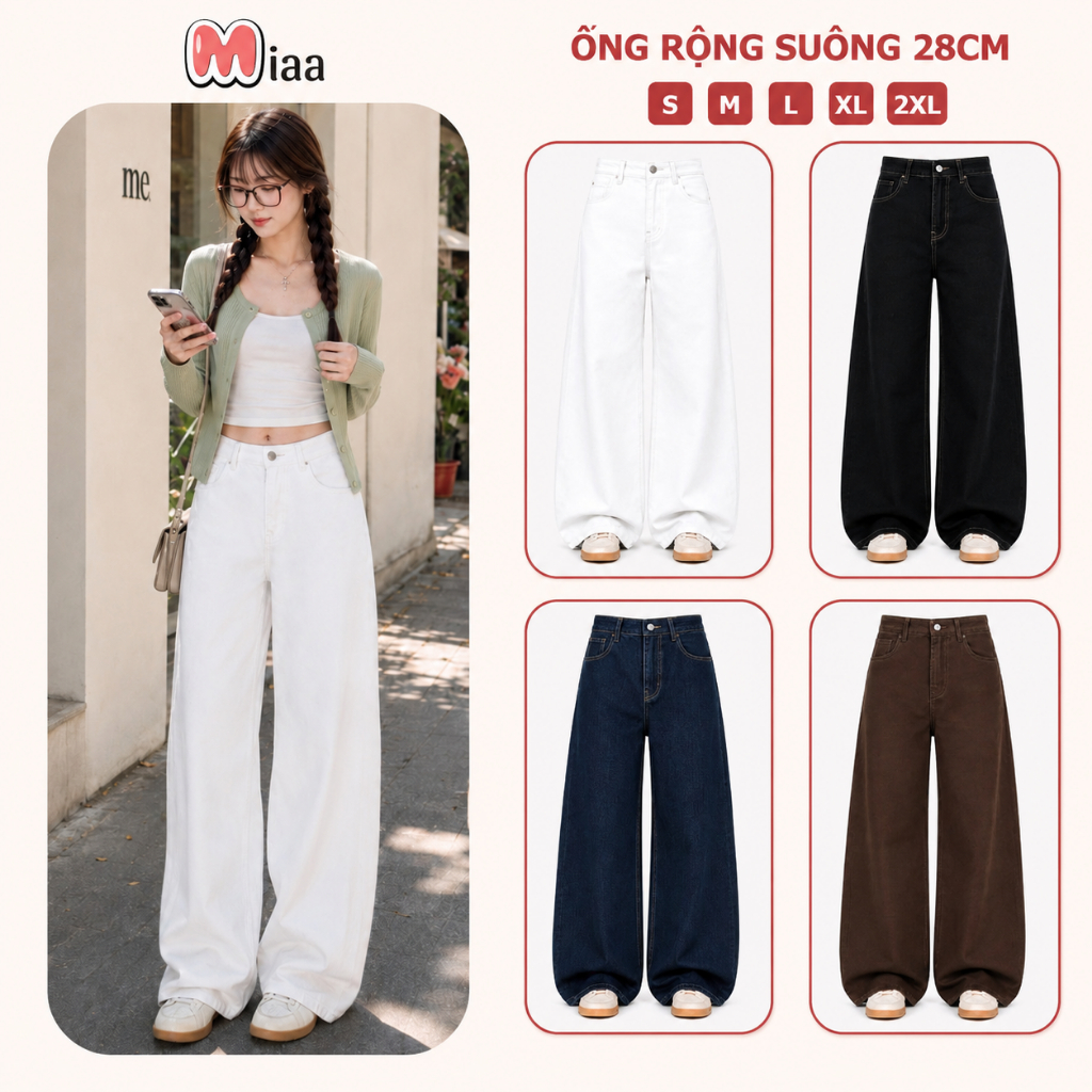 Quần Kaki Jeans Trắng ống suông MIAA nhiều màu tôn dáng form unisex nam nữ Chất Vải Jeans Cao Cấp mà