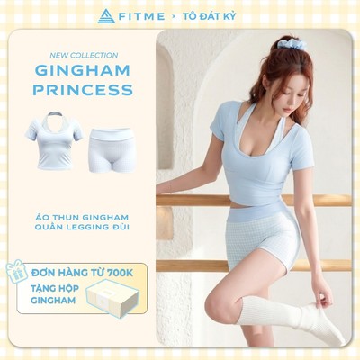 Bộ đồ tập gym, yoga, pilates nữ Fitme áo thun Xanh pastel Belle SL, quần legging đùi Xanh Gingham Sparkle SL