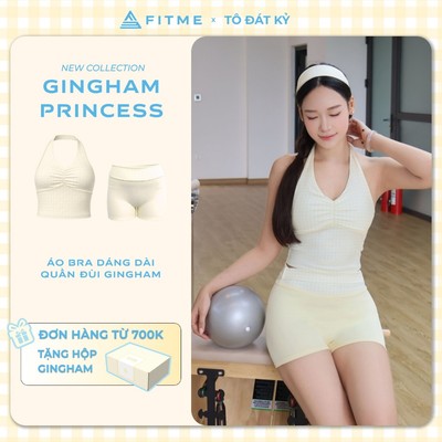 Bộ đồ tập gym, yoga, pilates nữ Fitme áo bra Muse SL dáng dài Vàng pastel, quần legging đùi Sparkle tôn dáng