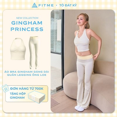 Bộ đồ tập gym, yoga, pilates nữ Fitme áo bra Muse Vàng pastel dáng dài, quần legging ống loe Divine SL nâng vòng 3