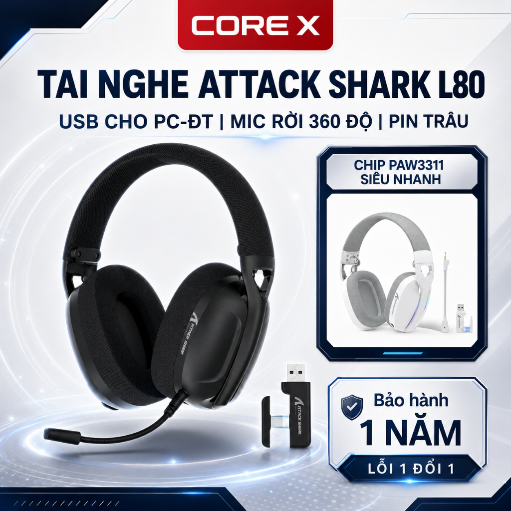 Tai Nghe Không Dây Chụp Tai Bluetooth Attack Shark L80 Super Bass Âm Thanh Vòm Có Mic Chơi Game BH12