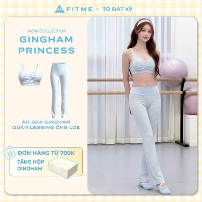 Bộ đồ tập gym, yoga, pilates nữ Fitme áo bra Rosy SL xanh pastel, quần legging ống loe DIvine SL xanh pastel tôn dáng