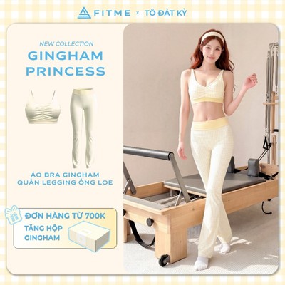 Bộ đồ tập gym, yoga, pilates nữ Fitme áo bra Rosy SL Vàng pastel, quần legging ống loe Divine SL 2 lớp