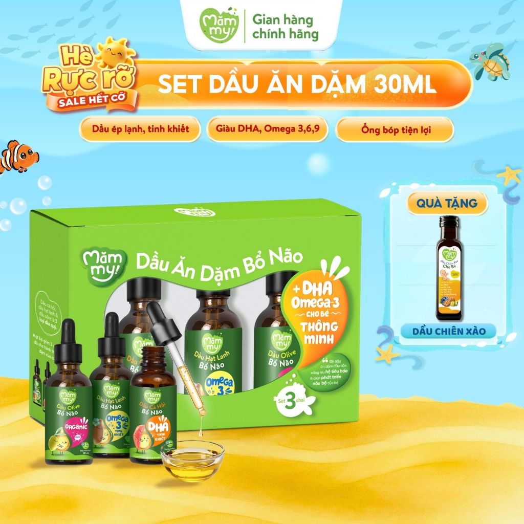 Combo 3 dầu ăn dặm bổ não 30ml Mămmy, dầu Olive, dầu cá hồi, dầu hạt lanh bổ não cho bé 6 tháng