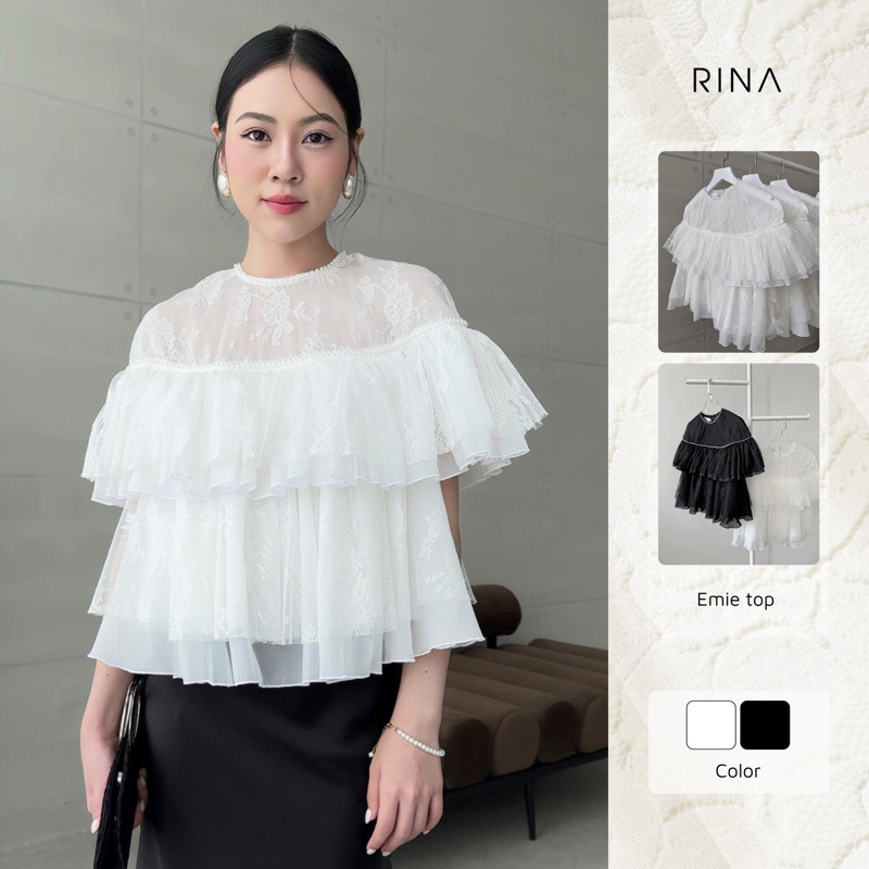 RINA - EMIE TOP - Áo kiểu nữ nhún bèo chất liệu ren phối tơ tiểu thư, thanh lịch.