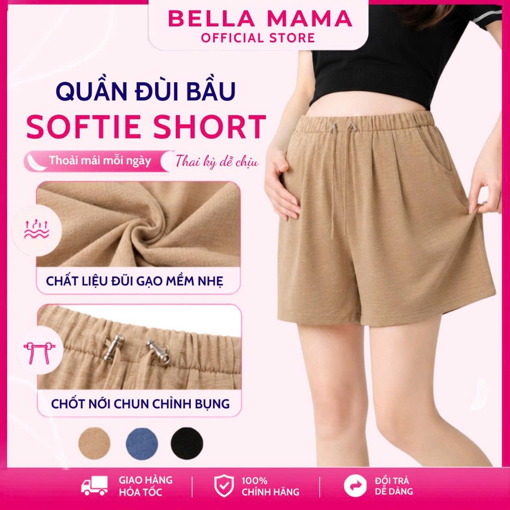 Quần Đùi Bầu Softie Short Bella Mama Premium 2026 Vải Đũi Lạnh Có Chốt Nới Bụng Bầu Kiểu Mới- QN1