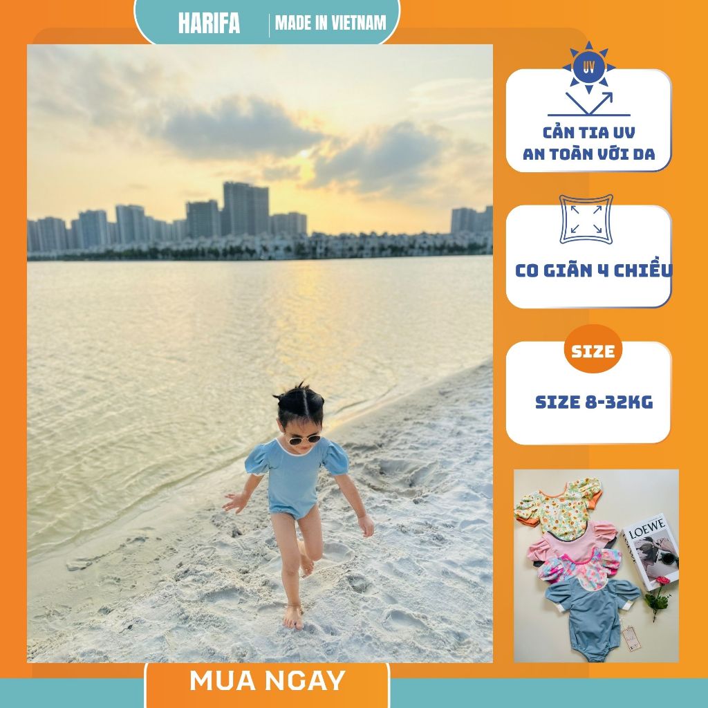 Bộ Đồ Bơi Liền Thân Tay Ngắn Dây Chéo Lưng Cho Bé Gái HARIFA BOI003 - Đồ Bơi Cổ Tròn Cotton Thun Lạn