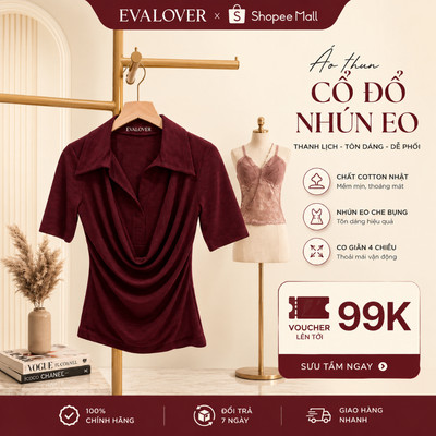 Áo Thun Nữ Evalover Cộc Tay Mã 301 Thiết Kế Cổ Đổ Phối Sơ Mi Cotton Nhật Mềm Mát