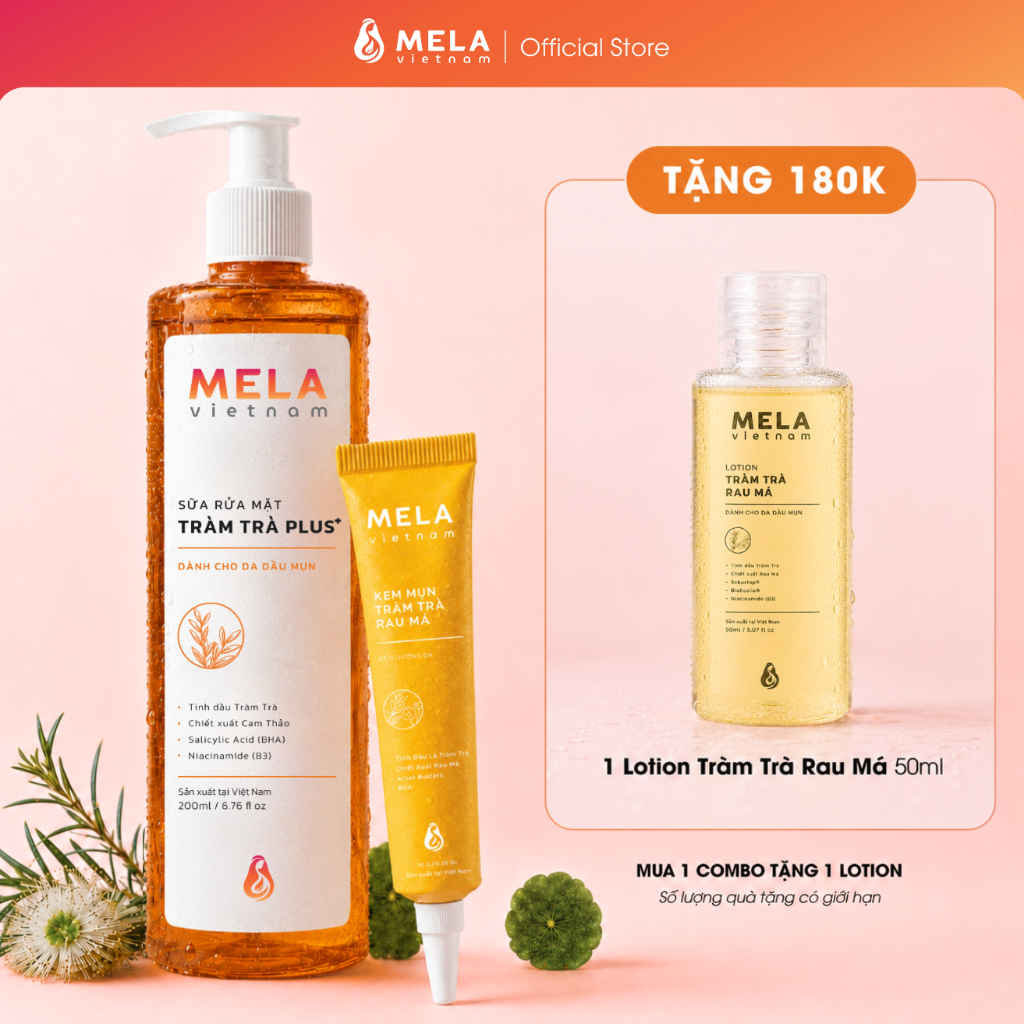 [Mela] Combo Sữa rửa mặt Tràm Trà Plus (+) & Kem mụn Tràm Trà Rau Má cho da dầu mụn tặng Lotion Tràm