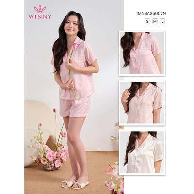 Bộ mặc nhà nữ WINNY chất lụa satin, Set pyjama nữ lụa bóng mượt quần đùi tay ngắn | 1MNSA26002N