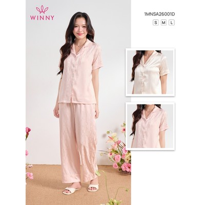 Bộ mặc nhà nữ WINNY lụa satin, Set pyjama nữ lụa satin hiệu ứng bóng mượt quần dài tay ngắn | 1MNSA26001D