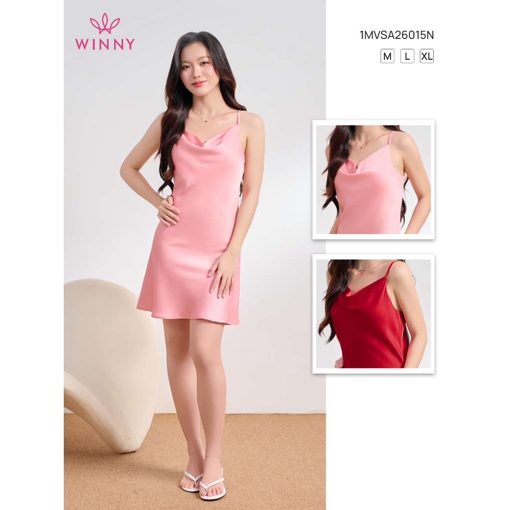 Váy ngủ lụa WINNY chất lụa satin bóng mượt, váy ngủ 2 dây cổ đổ quyến rũ tôn dáng | 1MVSA26015N