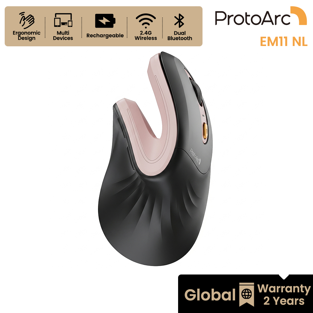 ProtoArc EM11 NL Chuột Ergonomic Đen Hồng Không Dây Bluetooth 2.4G, Pin Sạc, BH 2 Năm