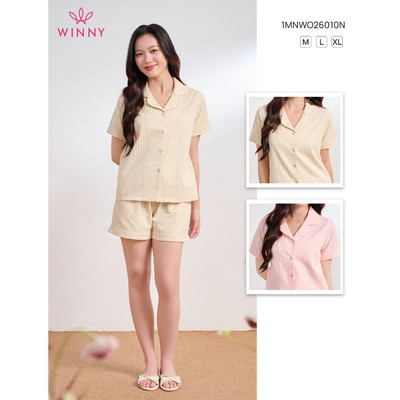 Bộ mặc nhà pyjama WINNY chất woven dệt dobby sang trọng, set pyjama quần cộc tay ngắn | 1MNWO26010N