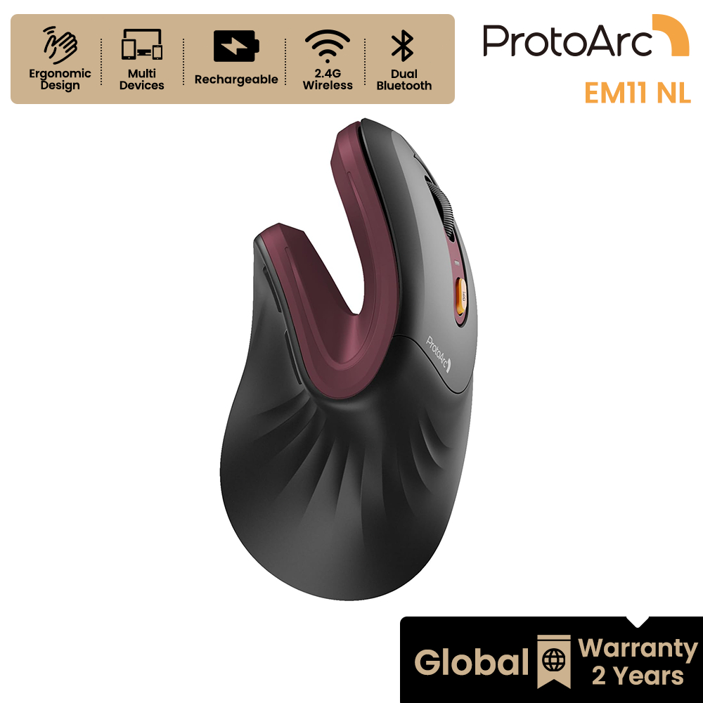 ProtoArc EM11 NL Chuột Ergonomic Màu Đỏ Rượu Không Dây Bluetooth 2.4G, Pin Sạc, BH 2 Năm