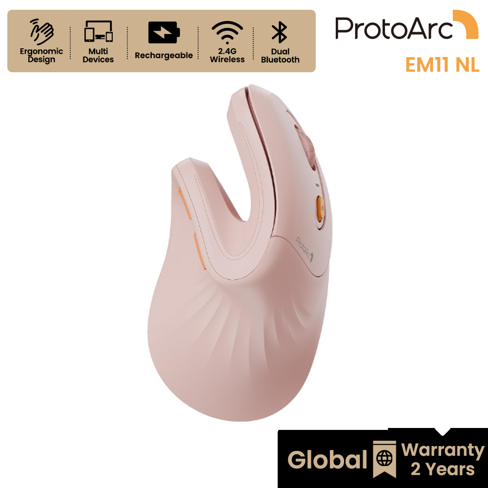 ProtoArc EM11 NL Chuột Ergonomic Màu Hồng Không Dây Bluetooth 2.4G, Pin Sạc, BH 2 Năm