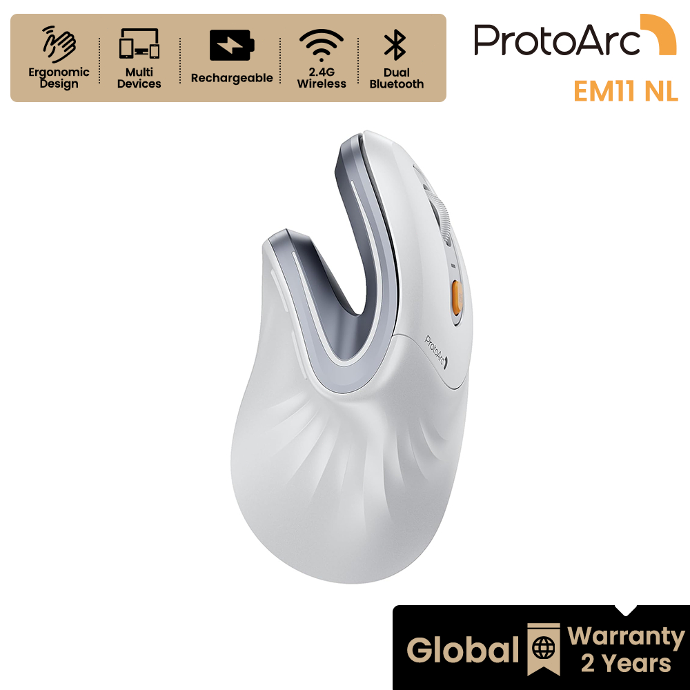 ProtoArc EM11 NL Chuột Ergonomic Bạc Trắng Không Dây Bluetooth 2.4G, Pin Sạc, BH 2 Năm